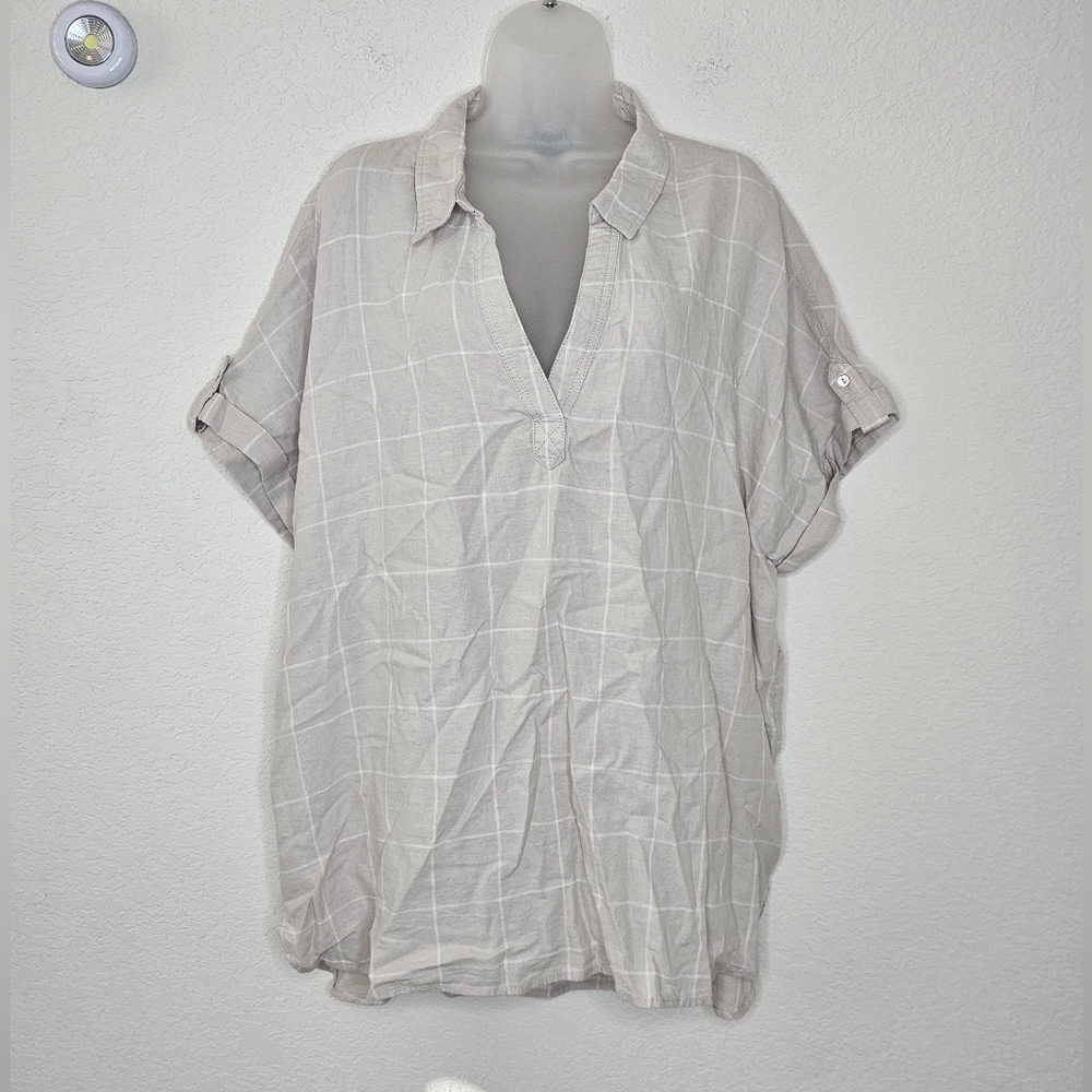 Tahari Beige Cream Windowpane Short-Sleeve Collared V-Neck Shirt Linen Blend Top